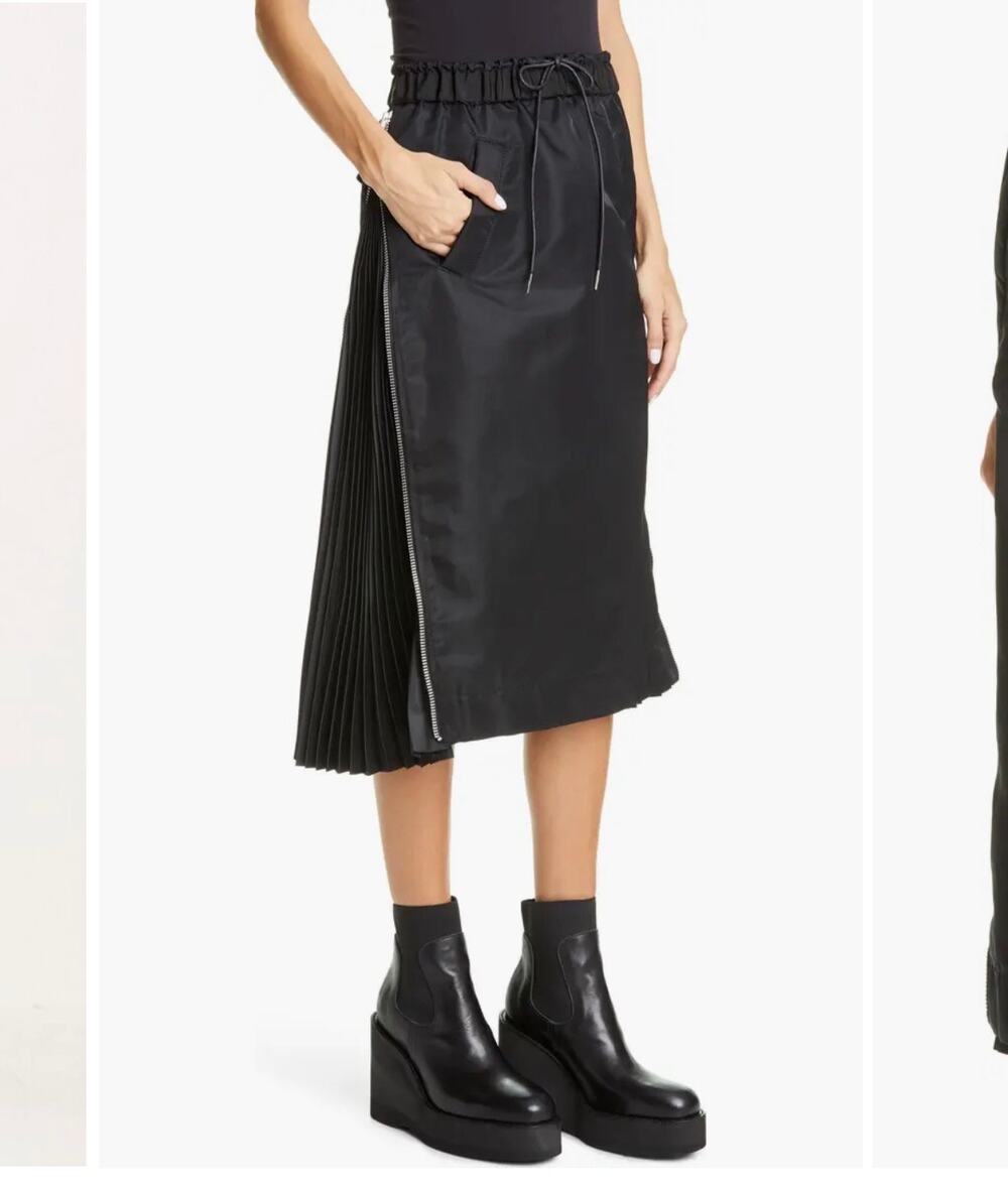 Sacai Insulated Nylon Twill Midi Skirt Womens S Sporty Side Zips Pleats Designer